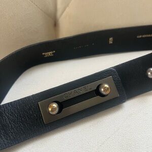 CHANEL Black Leather Belt with Silver Details